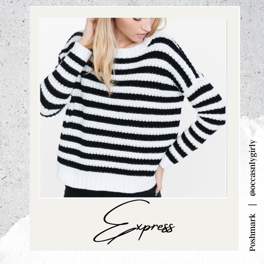 EXPRESS Black & White Striped Boxy Cropped Sweater
